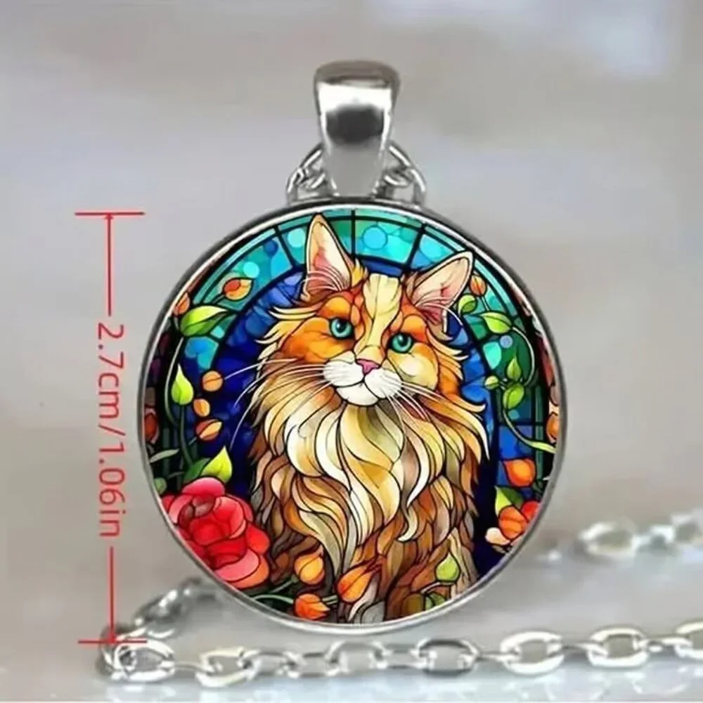 Silver Colorful KITTY CAT Glass Cabochon Pendant Necklace